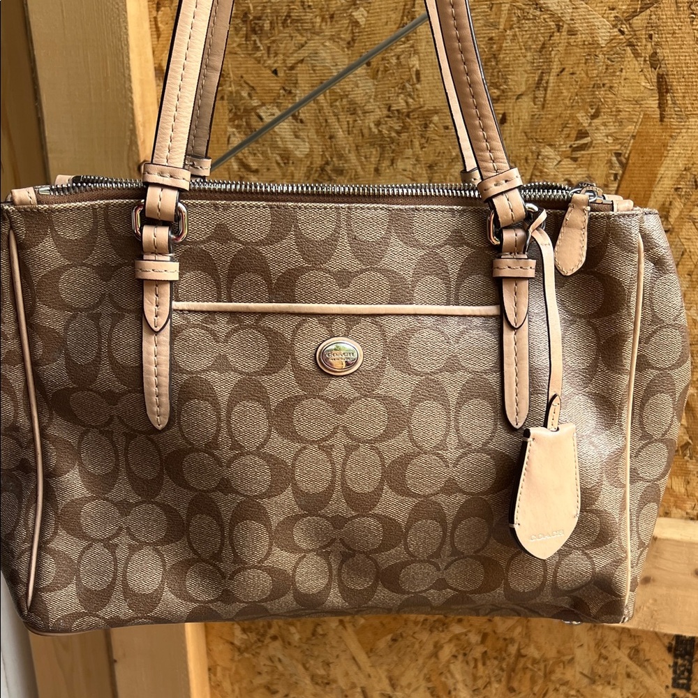 Coach Brown Signature Canvas Shoulder Tote with Leather Trim